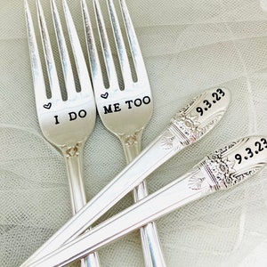 I do Me too,  hand stamped vintage wedding forks.  Engagement wedding silverware, custom with wedding date, bride and groom, personalized