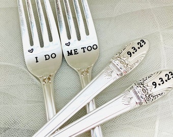 I do Me too,  hand stamped vintage wedding forks.  Engagement wedding silverware, custom with wedding date, bride and groom, personalized