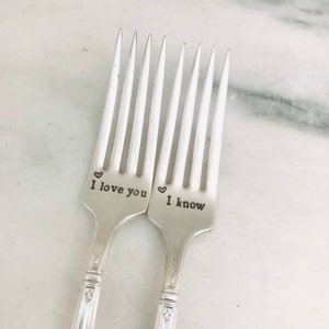 Wedding cake forks, anniversary forks, I love you I know forks, personalized wedding forks
