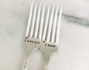 Wedding cake forks, anniversary forks, I love you I know forks, personalized wedding forks