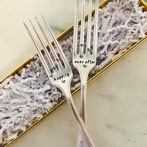 Tenedores de boda, felices para siempre, regalo de compromiso, personalizado, novia y novio, tenedores de pastel de boda personalizados, aniversario