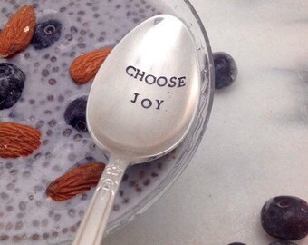 Choose Joy, coffee spoon, stamped spoon, vintage silverplate