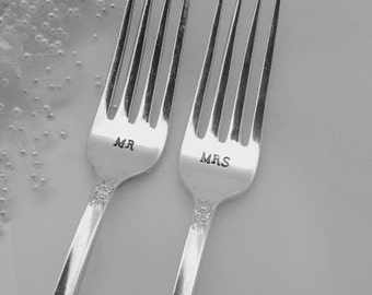 Mr and Mrs hand stamped vintage wedding forks. Engagement silverware. Unique gift. Customized with wedding date.