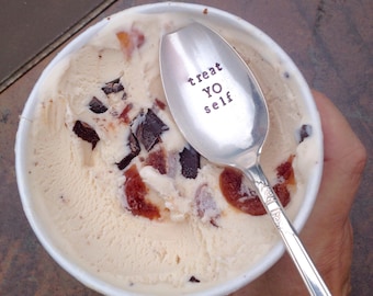 treat yo self, custom stamped spoon,  foodie gift, ice cream spoon, Mother's Day, birthday gift