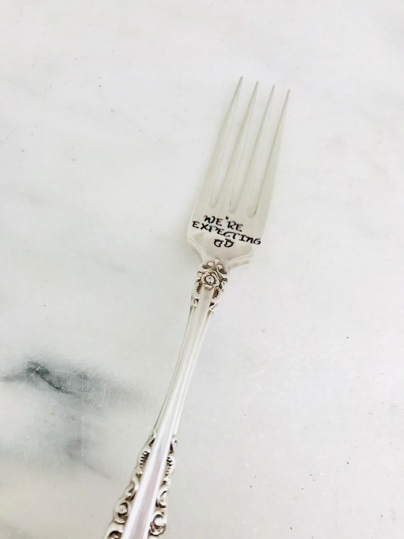 WE/'RE EXPECTING we/'re pregnant stamped silverware surprise baby announcement pregnancy announcement