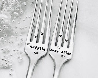Wedding forks, happily ever after, engagement gift, custom vintage silver-plate