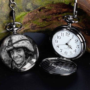 Personalized Pocket Watch, Photo Engraved with Handwriting Gunmetal Watch, Birthday Anniversary Gift for Boyfriend