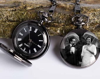 Taschenuhr mit Foto oder Handschrift graviert, personalisierte Uhr, individuelles Geschenk für Ehemann, Geburtstagsgeschenk für ihn