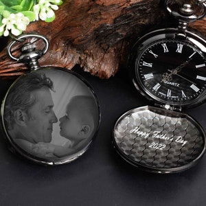 Pocket Watch Engraved with Photo or Handwriting, Wedding Gift for Dad, Men