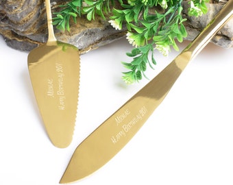 Gold-Kuchenschneider Hochzeit Gravierte Tortenheber-Messer-Set Benutzerdefinierte Kuchen Schneideset für Kuchen Personalisierte Kuchenmesser Perfekte Hochzeits-Andenken