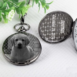 dog photo engraved on front and date memories on the inside of it.