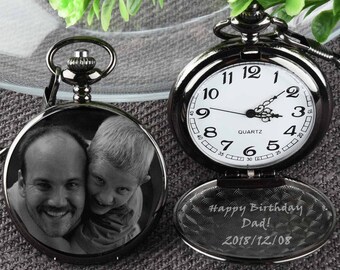 Engraved Photo Pocket Watch, Personalized Anniversary Gift for Him