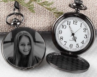 Zakhorloge met gegraveerde foto, gepersonaliseerd jubileumcadeau, verjaardagscadeau voor hem