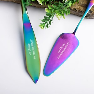 Engraved Rainbow Cake Knife & Server Set, Personalized Cake Cutting Set, Cake Knife Server Set for Bridal Shower, Anniversary