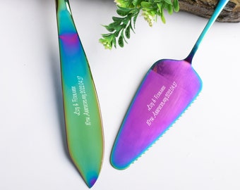 Gegraveerde regenboog taartmessenset: gepersonaliseerde taartschep voor huwelijksjubilea