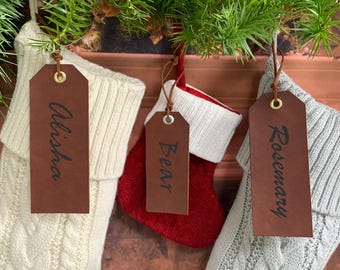 Personalized Leather Christmas Stocking Tags, Custom Engraved Name