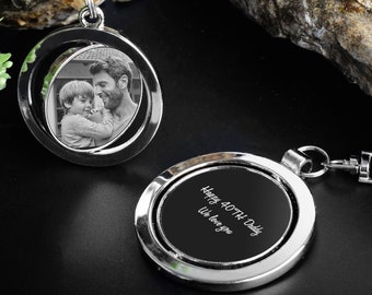Draaibare fotosleutelhanger, gepersonaliseerde sleutelhanger met gegraveerde foto, cadeau voor papa, accessoire.