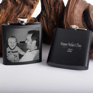 Stainless Steel Personalized Black Flask with Engraved Photo and Desired Text, Gift for Men