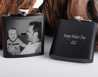 Frasco negro personalizado de acero inoxidable con foto grabada y texto deseado, regalo para hombres