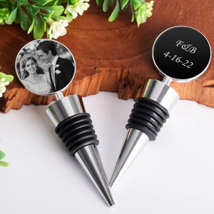 Custom Engraved Wine Bottle Stopper - Personalized Anniversary Gift - Couple&#39;s Photo Keepsake