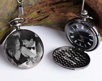 Engraved Pocket Watch with Picture, Personalized Watch Custom Gift Groom Favours Wedding Gift for Best Man, Groomsman, Bride of Father