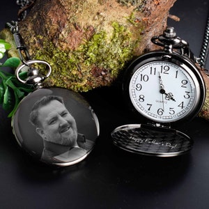 Engraved Pocket Watch with Memorial Photo, Custom Gift Personalized Name Photo Pocket Watch, Gift for Dad Men