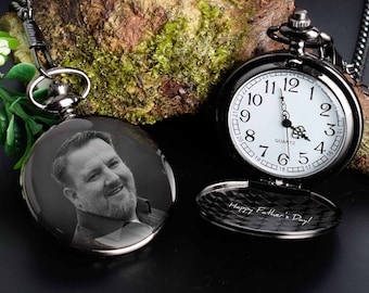 Engraved Photo Pocket Watch, Personalized Memorial Gift for Dad