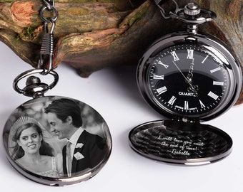 Pocket Watch Engraved with Photo or Handwriting, Personalized Watch Custom Anniversary Gift Birthday Gift for Husband or Dad