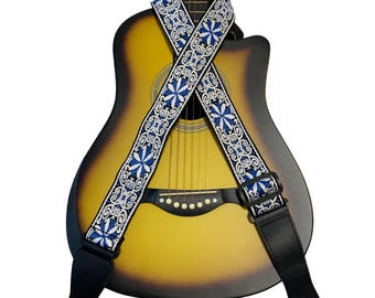Personalized Embroidered Cotton Guitar Strap, For Vintage-Classic Guitar Players with Leather Ends