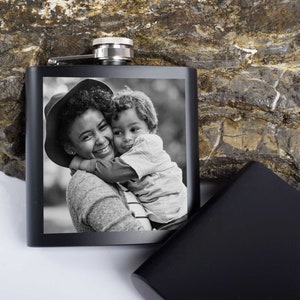 Stainless Steel Personalized Black Flask Engraved Photo, Gift For Dad image 1