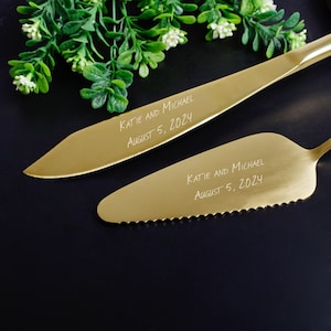 Engraved Gold Cake Knife & Server Set, Personalized Cake Cutting Set, Wedding Cake Knife Server Set for Bridal Shower, Anniversary