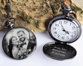Engraved Photo Pocket Watch, Personalized Groomsmen Wedding Gift