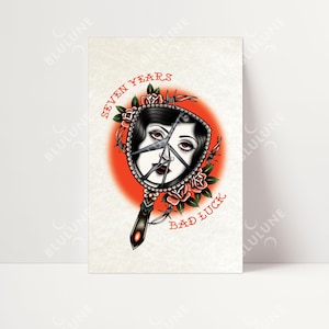 Seven Years Bad Luck - Tattoo Art, Tattoo Style Poster, Edgy Home Decor, Unique Hand Drawn Art, Instant Download