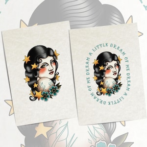 two identical images of a woman's face with a floral design around her neck and a star-filled background.