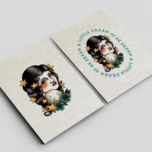 two identical square cards with a portrait of a woman and floral elements.
