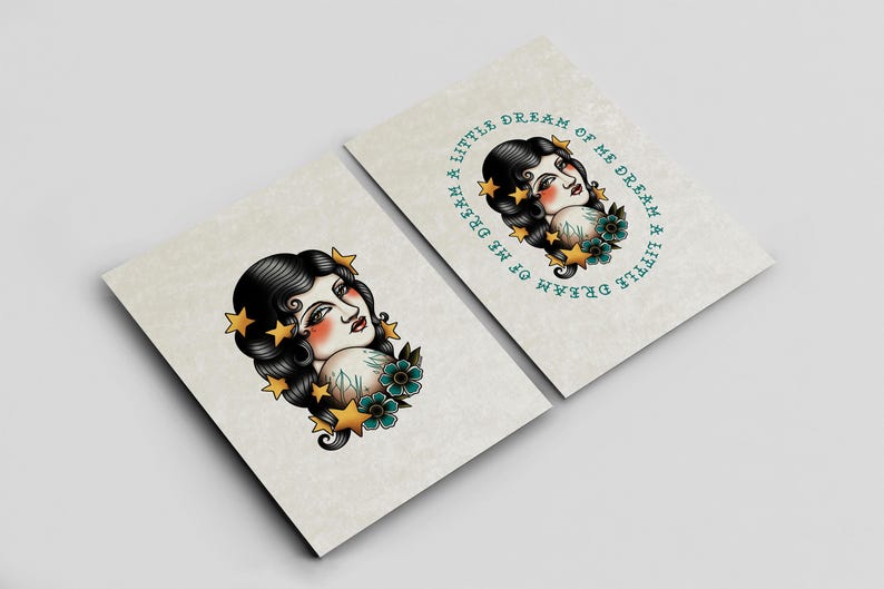 two identical square cards with a portrait of a woman and floral elements.