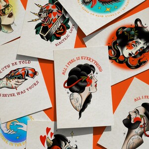 a collection of various tattoo-style illustrations and designs, including a central image of a woman with a red and black design, surrounded by other images featuring different tattoo motifs and styles.