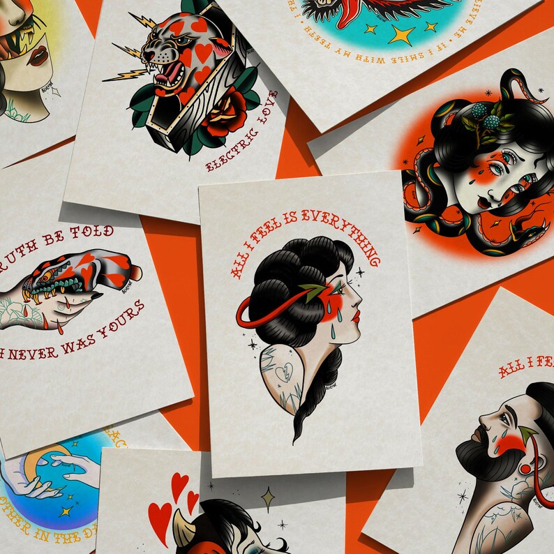 a collection of various tattoo-style illustrations and designs, including a central image of a woman with a red and black design, surrounded by other images featuring different tattoo motifs and styles.