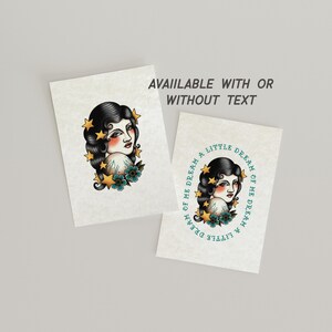 two identical images of a woman's face with a floral design around her neck. The text above the images reads "AVAILABLE WITH OR WITHOUT TEXT".