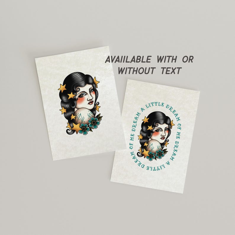 two identical images of a woman's face with a floral design around her neck. The text above the images reads "AVAILABLE WITH OR WITHOUT TEXT".