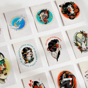 a collection of nine different tattoo-style illustrations, each with unique designs and artistic elements.