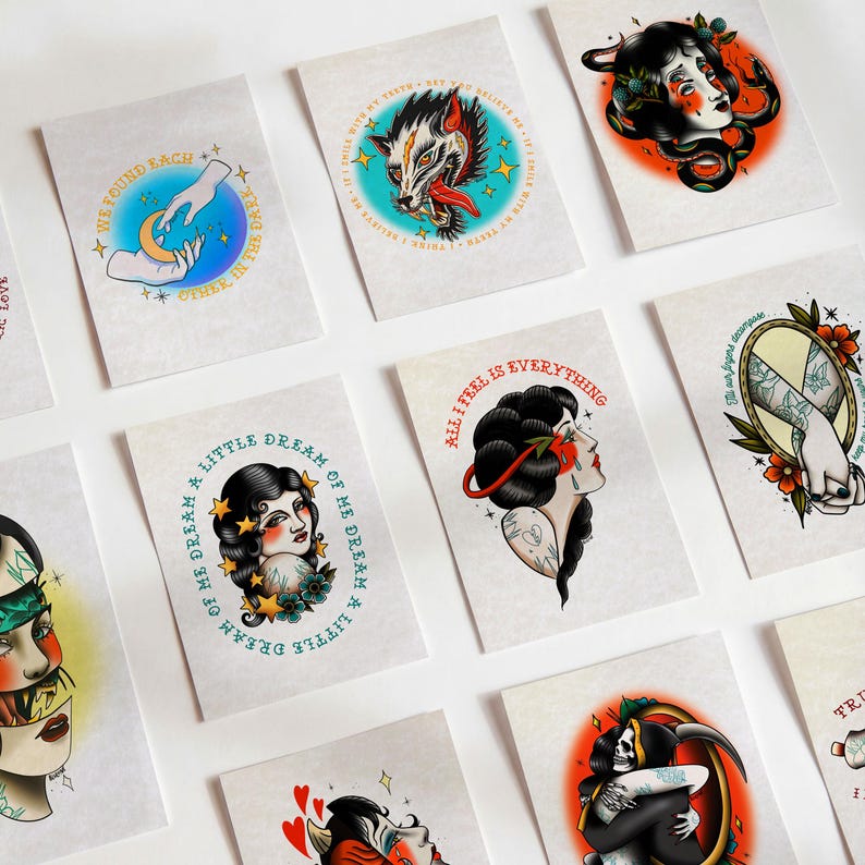 a collection of nine different tattoo-style illustrations, each with unique designs and artistic elements.