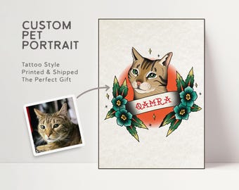 Custom Pet Portrait Tattoo Style Print – Memorial, Pet Lover Gift