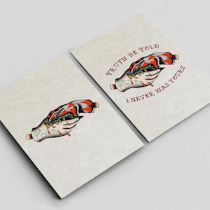 two identical images of a hand with a tattoo, accompanied by the text "I never was you" in red and black lettering.