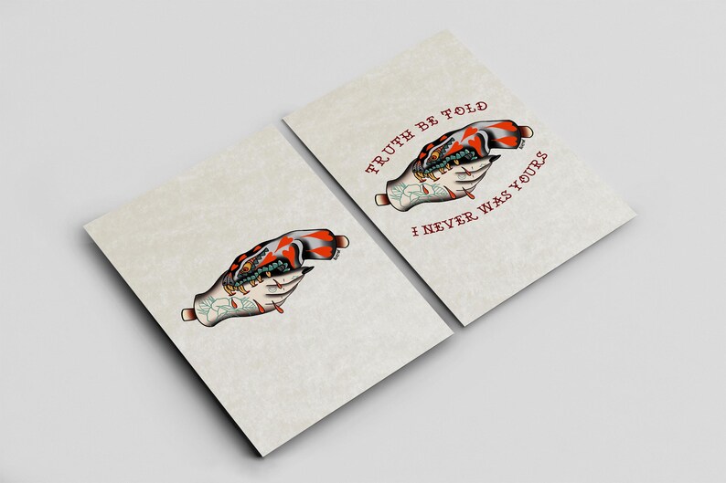 two identical images of a hand with a tattoo, accompanied by the text "I never was you" in red and black lettering.