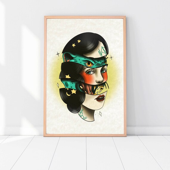 Tattoo Style Art Print Jaguar Woman - Etsy