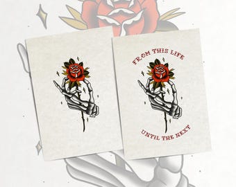 Impresión artística de tatuaje de rosa con mano de esqueleto - Tradicional estadounidense