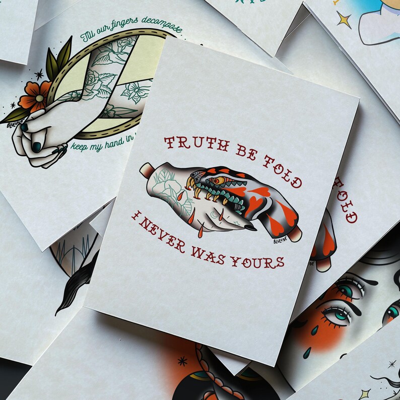 a collection of various tattoo designs, including a hand with a skull and crossbones, and a hand with a flower. The text on the image reads "TRUTH BE FOLD I NEVER WAS YOURS".