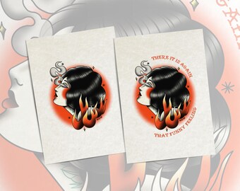 Impresión artística de tatuaje tradicional estadounidense: Mujer, humo y fuego