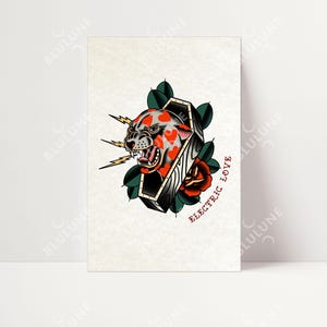 Electric Love Cat Poster - Traditional Tattoo Art